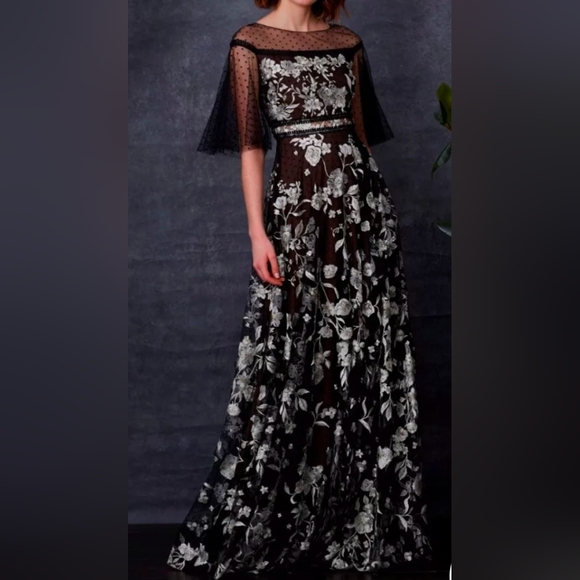 marchesa notte black dress Embellished Tulle Fit-&-Flare ready style and meticulous detail V-Neck Long Dress